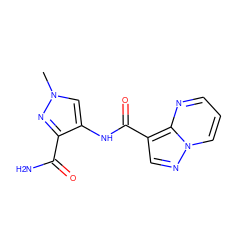 Cn1cc(NC(=O)c2cnn3cccnc23)c(C(N)=O)n1 ZINC000473107248