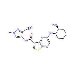 Cn1cc(NC(=O)c2csc3ncc(N[C@@H]4CCCC[C@@H]4N)nc23)c(C#N)n1 ZINC000473161137