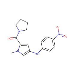 Cn1cc(Nc2ccc([N+](=O)[O-])cc2)cc1C(=O)N1CCCC1 ZINC000040936271