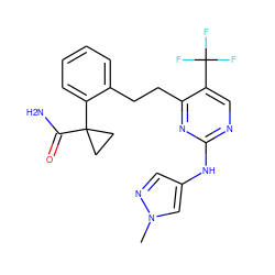 Cn1cc(Nc2ncc(C(F)(F)F)c(CCc3ccccc3C3(C(N)=O)CC3)n2)cn1 ZINC000211046256