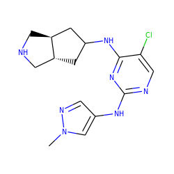 Cn1cc(Nc2ncc(Cl)c(NC3C[C@@H]4CNC[C@H]4C3)n2)cn1 ZINC001772640108