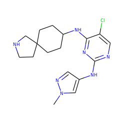 Cn1cc(Nc2ncc(Cl)c(NC3CCC4(CCNC4)CC3)n2)cn1 ZINC001772617830