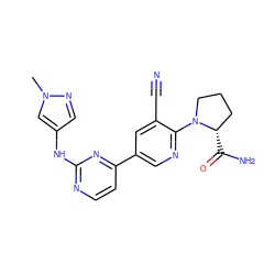 Cn1cc(Nc2nccc(-c3cnc(N4CCC[C@@H]4C(N)=O)c(C#N)c3)n2)cn1 ZINC000221987407