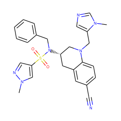 Cn1cc(S(=O)(=O)N(Cc2ccccc2)[C@H]2Cc3cc(C#N)ccc3N(Cc3cncn3C)C2)cn1 ZINC000028358733