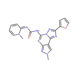 Cn1cc2c(nc(NC(=O)N=c3ccccn3C)n3nc(-c4ccco4)nc23)n1 ZINC000261163898