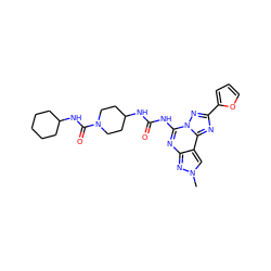 Cn1cc2c(nc(NC(=O)NC3CCN(C(=O)NC4CCCCC4)CC3)n3nc(-c4ccco4)nc23)n1 ZINC000084711279