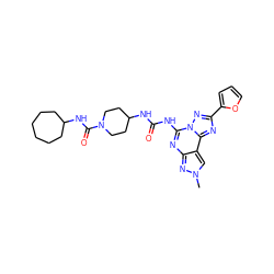 Cn1cc2c(nc(NC(=O)NC3CCN(C(=O)NC4CCCCCC4)CC3)n3nc(-c4ccco4)nc23)n1 ZINC000084711281