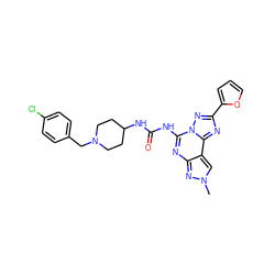 Cn1cc2c(nc(NC(=O)NC3CCN(Cc4ccc(Cl)cc4)CC3)n3nc(-c4ccco4)nc23)n1 ZINC000084688713