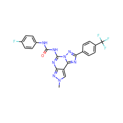 Cn1cc2c(nc(NC(=O)Nc3ccc(F)cc3)n3nc(-c4ccc(C(F)(F)F)cc4)nc23)n1 ZINC000072125984