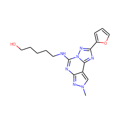 Cn1cc2c(nc(NCCCCCO)n3nc(-c4ccco4)nc23)n1 ZINC000095575195