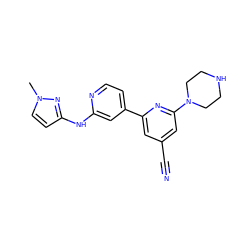 Cn1ccc(Nc2cc(-c3cc(C#N)cc(N4CCNCC4)n3)ccn2)n1 ZINC000058547804