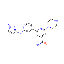 Cn1ccc(Nc2cc(-c3cc(C(N)=O)cc(N4CCNCC4)n3)ccn2)n1 ZINC000058575790