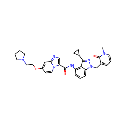 Cn1cccc(Cn2nc(C3CC3)c3c(NC(=O)c4cnc5cc(OCCN6CCCC6)ccn45)cccc32)c1=O ZINC000117893846