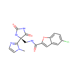 Cn1ccnc1[C@]1(CNC(=O)c2cc3cc(Cl)ccc3o2)NC(=O)NC1=O ZINC000219659660