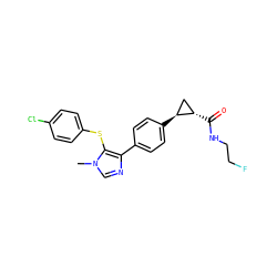 Cn1cnc(-c2ccc([C@H]3C[C@@H]3C(=O)NCCF)cc2)c1Sc1ccc(Cl)cc1 ZINC000096270404