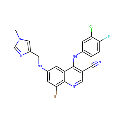 Cn1cnc(CNc2cc(Br)c3ncc(C#N)c(Nc4ccc(F)c(Cl)c4)c3c2)c1 ZINC000014977459