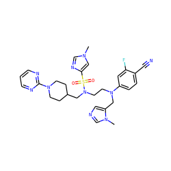 Cn1cnc(S(=O)(=O)N(CCN(Cc2cncn2C)c2ccc(C#N)c(F)c2)CC2CCN(c3ncccn3)CC2)c1 ZINC000064539978