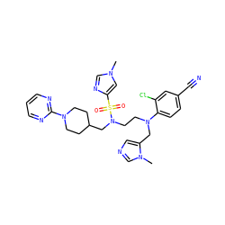 Cn1cnc(S(=O)(=O)N(CCN(Cc2cncn2C)c2ccc(C#N)cc2Cl)CC2CCN(c3ncccn3)CC2)c1 ZINC000064539977