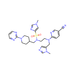 Cn1cnc(S(=O)(=O)N(CCN(Cc2cncn2C)c2ccc(C#N)cn2)CC2CCN(c3ncccn3)CC2)c1 ZINC000064548590