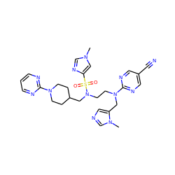 Cn1cnc(S(=O)(=O)N(CCN(Cc2cncn2C)c2ncc(C#N)cn2)CC2CCN(c3ncccn3)CC2)c1 ZINC000064549096