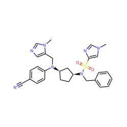 Cn1cnc(S(=O)(=O)N(Cc2ccccc2)[C@H]2CC[C@@H](N(Cc3cncn3C)c3ccc(C#N)cc3)C2)c1 ZINC000042834662