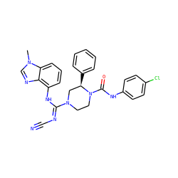 Cn1cnc2c(N/C(=N\C#N)N3CCN(C(=O)Nc4ccc(Cl)cc4)[C@H](c4ccccc4)C3)cccc21 ZINC000040936559