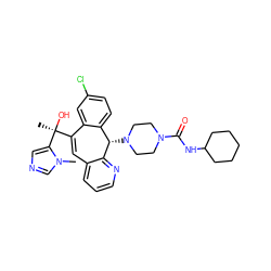 Cn1cncc1[C@@](C)(O)C1=Cc2cccnc2[C@@H](N2CCN(C(=O)NC3CCCCC3)CC2)c2ccc(Cl)cc21 ZINC000103263815