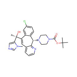 Cn1cncc1[C@@](C)(O)C1=Cc2cccnc2[C@@H](N2CCN(C(=O)OC(C)(C)C)CC2)c2ccc(Cl)cc21 ZINC000103263798