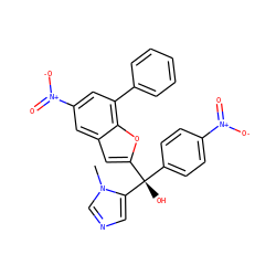 Cn1cncc1[C@@](O)(c1ccc([N+](=O)[O-])cc1)c1cc2cc([N+](=O)[O-])cc(-c3ccccc3)c2o1 ZINC000040409054