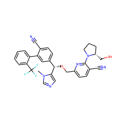 Cn1cncc1[C@@H](OCc1ccc(C#N)c(N2CCC[C@@H]2CO)n1)c1ccc(C#N)c(-c2ccccc2C(F)(F)F)c1 ZINC000028337447