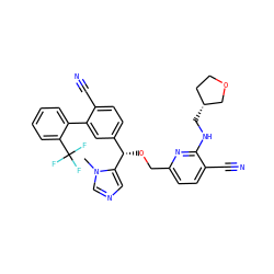 Cn1cncc1[C@@H](OCc1ccc(C#N)c(NC[C@@H]2CCOC2)n1)c1ccc(C#N)c(-c2ccccc2C(F)(F)F)c1 ZINC000028353256