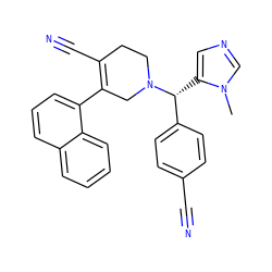 Cn1cncc1[C@H](c1ccc(C#N)cc1)N1CCC(C#N)=C(c2cccc3ccccc23)C1 ZINC000013489039