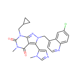 Cn1cncc1-c1c2c(=O)n(C)c(=O)n(CC3CC3)c2nn1Cc1ccnc2ccc(Cl)cc12 ZINC000084740874