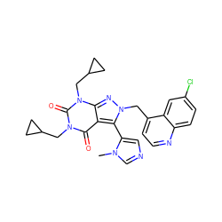 Cn1cncc1-c1c2c(=O)n(CC3CC3)c(=O)n(CC3CC3)c2nn1Cc1ccnc2ccc(Cl)cc12 ZINC000068045308