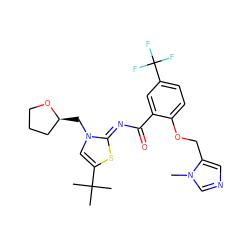 Cn1cncc1COc1ccc(C(F)(F)F)cc1C(=O)/N=c1\sc(C(C)(C)C)cn1C[C@H]1CCCO1 ZINC000139961693