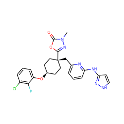 Cn1nc([C@]2(Cc3cccc(Nc4cc[nH]n4)n3)CC[C@@H](Oc3cccc(Cl)c3F)CC2)oc1=O ZINC001772573309