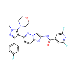 Cn1nc(-c2ccc(F)cc2)c(-c2ccc3nc(NC(=O)c4cc(F)nc(F)c4)cn3n2)c1N1CCOCC1 ZINC001772639342