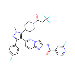 Cn1nc(-c2ccc(F)cc2)c(-c2ccc3nc(NC(=O)c4ccnc(F)c4)cn3n2)c1C1CCN(C(=O)CC(F)(F)F)CC1 ZINC000220145775