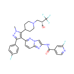 Cn1nc(-c2ccc(F)cc2)c(-c2ccc3nc(NC(=O)c4ccnc(F)c4)cn3n2)c1C1CCN(C[C@@H](O)C(F)(F)F)CC1 ZINC000220010770