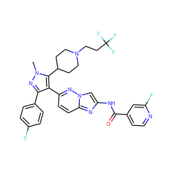 Cn1nc(-c2ccc(F)cc2)c(-c2ccc3nc(NC(=O)c4ccnc(F)c4)cn3n2)c1C1CCN(CCC(F)(F)F)CC1 ZINC000220874530