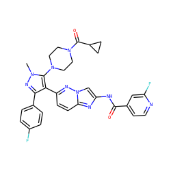 Cn1nc(-c2ccc(F)cc2)c(-c2ccc3nc(NC(=O)c4ccnc(F)c4)cn3n2)c1N1CCN(C(=O)C2CC2)CC1 ZINC000220140328