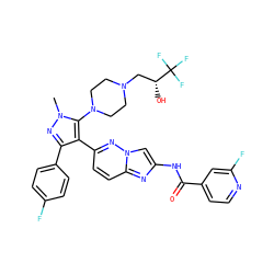 Cn1nc(-c2ccc(F)cc2)c(-c2ccc3nc(NC(=O)c4ccnc(F)c4)cn3n2)c1N1CCN(C[C@@H](O)C(F)(F)F)CC1 ZINC000220061576