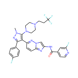 Cn1nc(-c2ccc(F)cc2)c(-c2ccc3nc(NC(=O)c4ccnc(F)c4)cn3n2)c1N1CCN(CCC(F)(F)F)CC1 ZINC000209690413