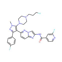 Cn1nc(-c2ccc(F)cc2)c(-c2ccc3nc(NC(=O)c4ccnc(F)c4)cn3n2)c1N1CCN(CCCF)CC1 ZINC000220051304