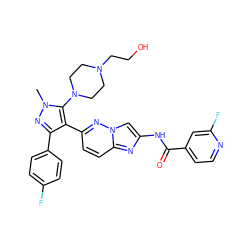 Cn1nc(-c2ccc(F)cc2)c(-c2ccc3nc(NC(=O)c4ccnc(F)c4)cn3n2)c1N1CCN(CCO)CC1 ZINC001772602271