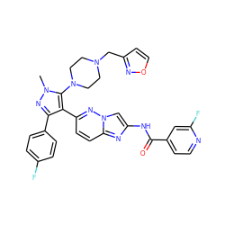 Cn1nc(-c2ccc(F)cc2)c(-c2ccc3nc(NC(=O)c4ccnc(F)c4)cn3n2)c1N1CCN(Cc2ccon2)CC1 ZINC000209690454