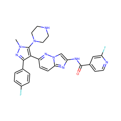 Cn1nc(-c2ccc(F)cc2)c(-c2ccc3nc(NC(=O)c4ccnc(F)c4)cn3n2)c1N1CCNCC1 ZINC000209690320