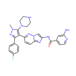 Cn1nc(-c2ccc(F)cc2)c(-c2ccc3nc(NC(=O)c4ccnc(N)c4)cn3n2)c1N1CCNCC1 ZINC000209701798