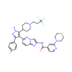 Cn1nc(-c2ccc(F)cc2)c(-c2ccc3nc(NC(=O)c4ccnc(N5CCOCC5)c4)cn3n2)c1C1CCN(CCC(F)(F)F)CC1 ZINC000220044532