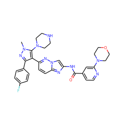 Cn1nc(-c2ccc(F)cc2)c(-c2ccc3nc(NC(=O)c4ccnc(N5CCOCC5)c4)cn3n2)c1N1CCNCC1 ZINC001772588339